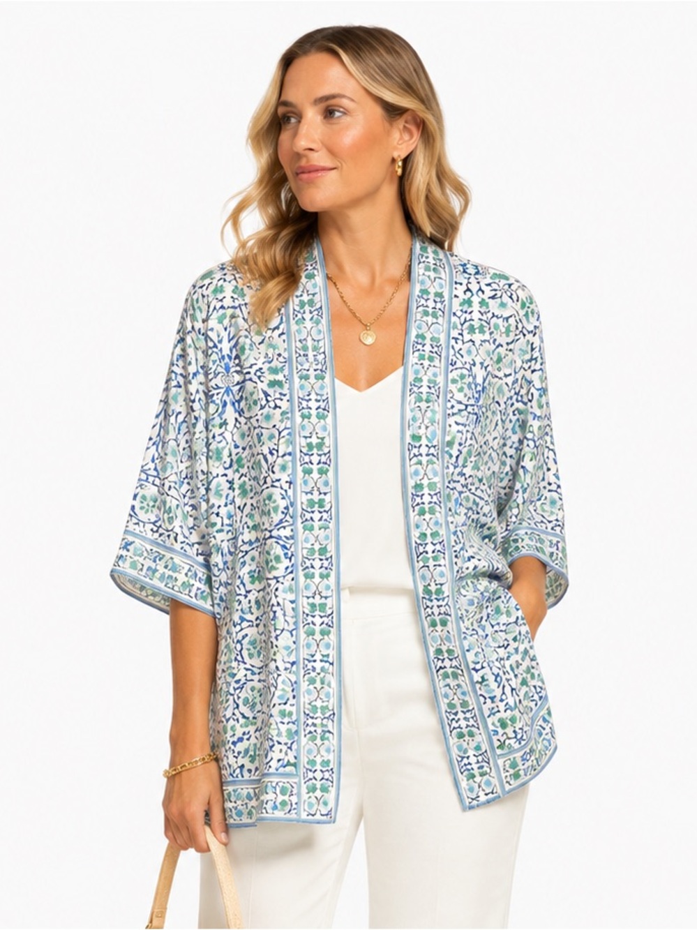 Blue & Green Floral Open-Front Kimono